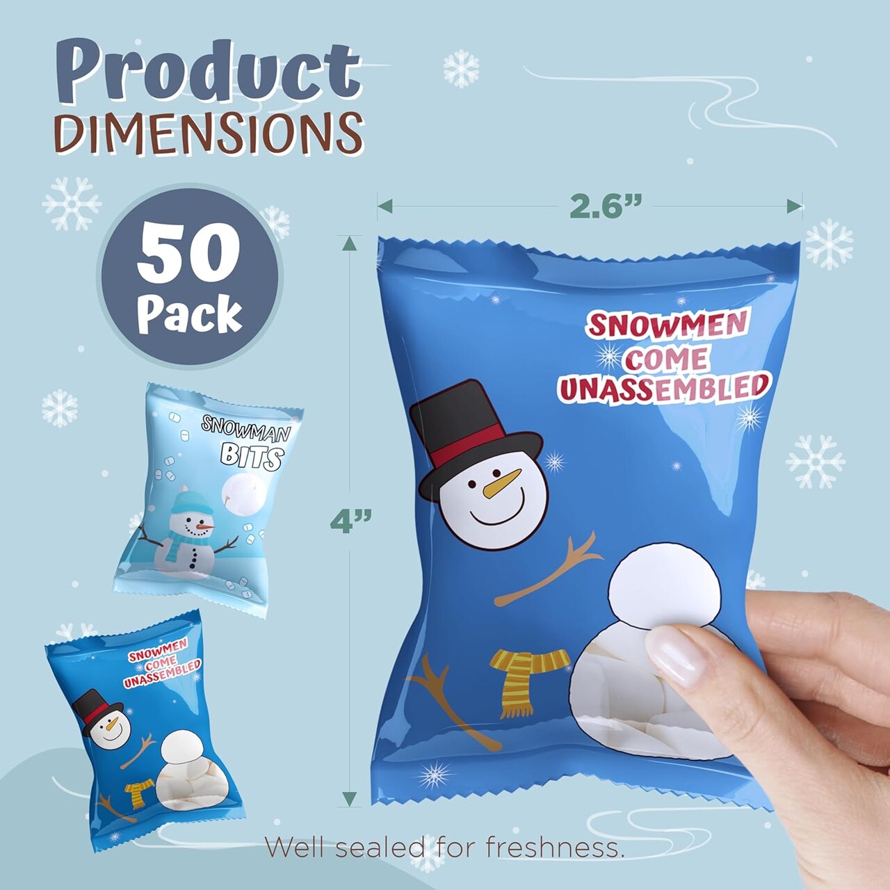 4E's Novelty 50 Packets Mini Marshmallows – 2 Festive Snowman Designs, Individually Wrapped Vanilla Mini Marshmallows Bulk Pack for Hot Cocoa, Christmas Treats, Stocking Stuffers & Party Favors
